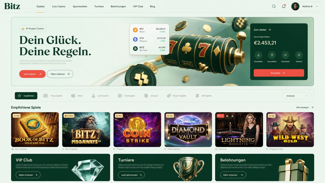 Bitz Krypto-Casino Startseite mit Spielkatalog und Wallet-Bereich