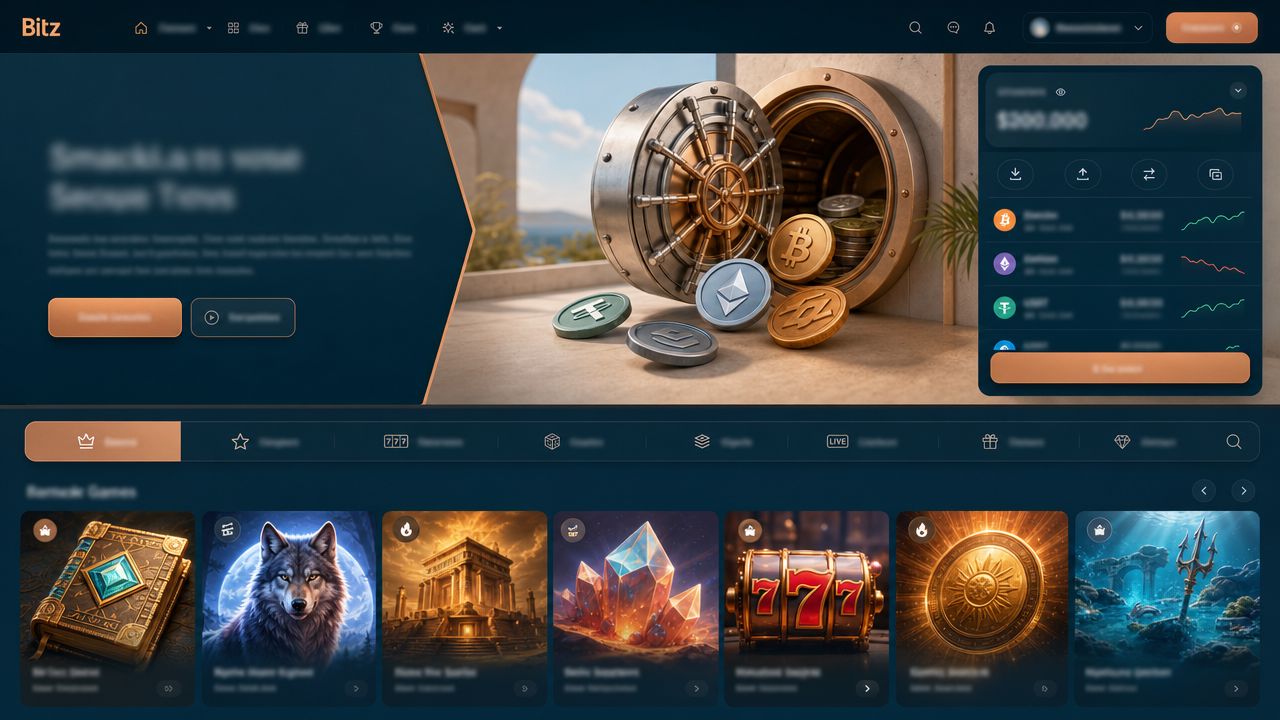 Startseite des Online-Casinos Bitz mit Wallet-Bereich und Spielkategorien