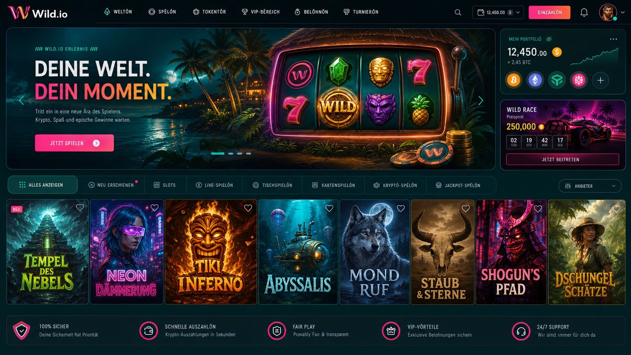 Wild.io Krypto-Casino Startseite mit Slot-Bereich und Wallet-Optionen