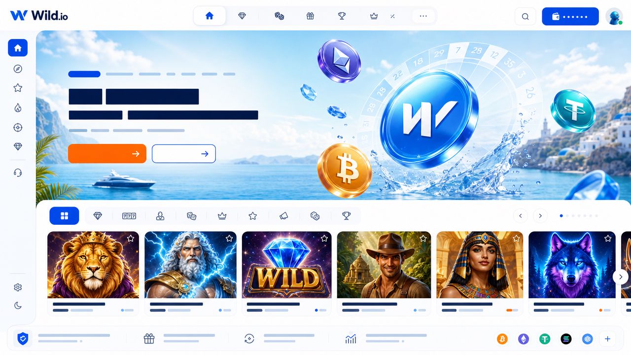 Wild.io Krypto-Casino Desktop-Oberfläche mit digitalen Token-Motiven