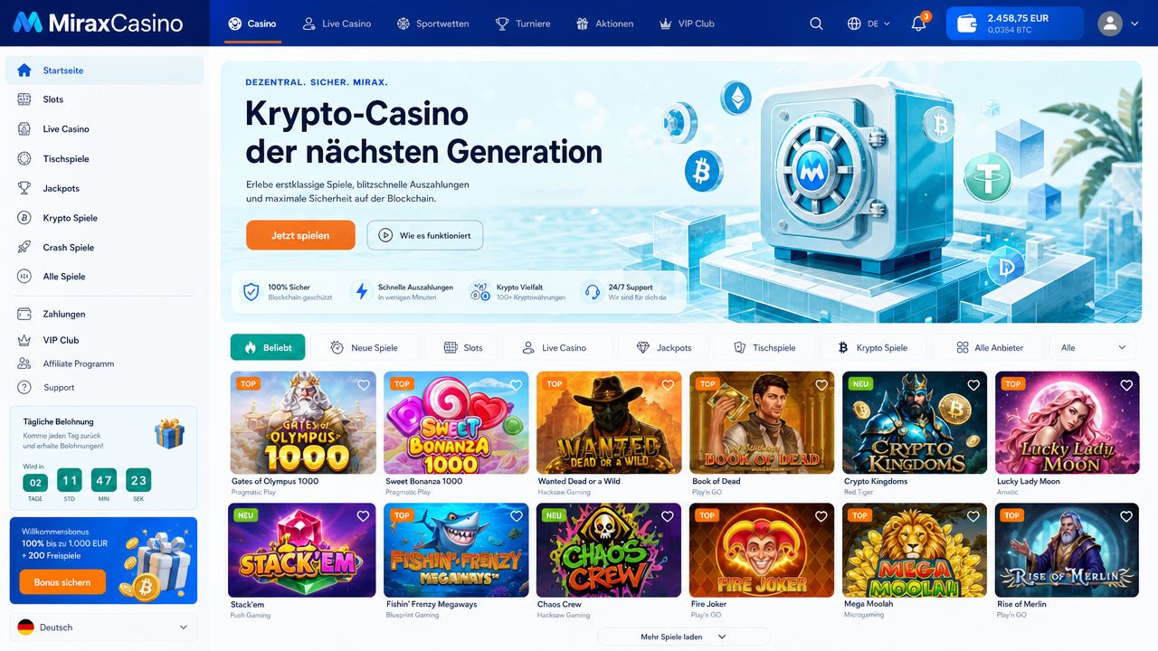 MiraxCasino Desktop-Benutzeroberfläche Screenshot