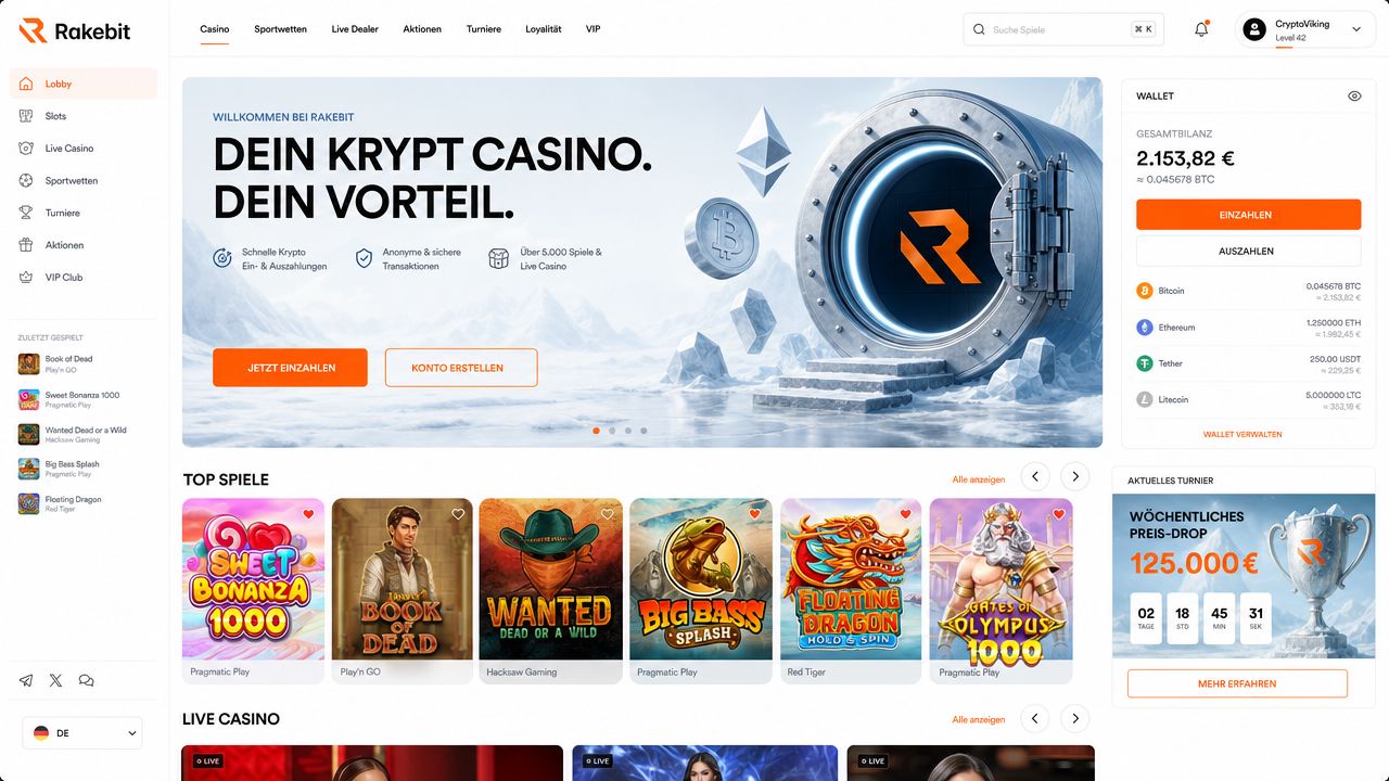 Screenshot der Rakebit Casino-Homepage im modernen Fintech-Design