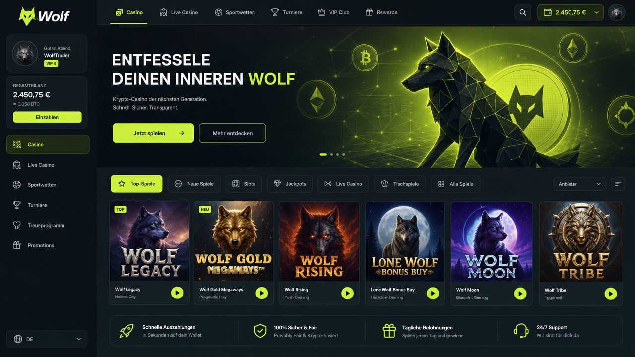 Wolf.io Casino Desktop-Ansicht