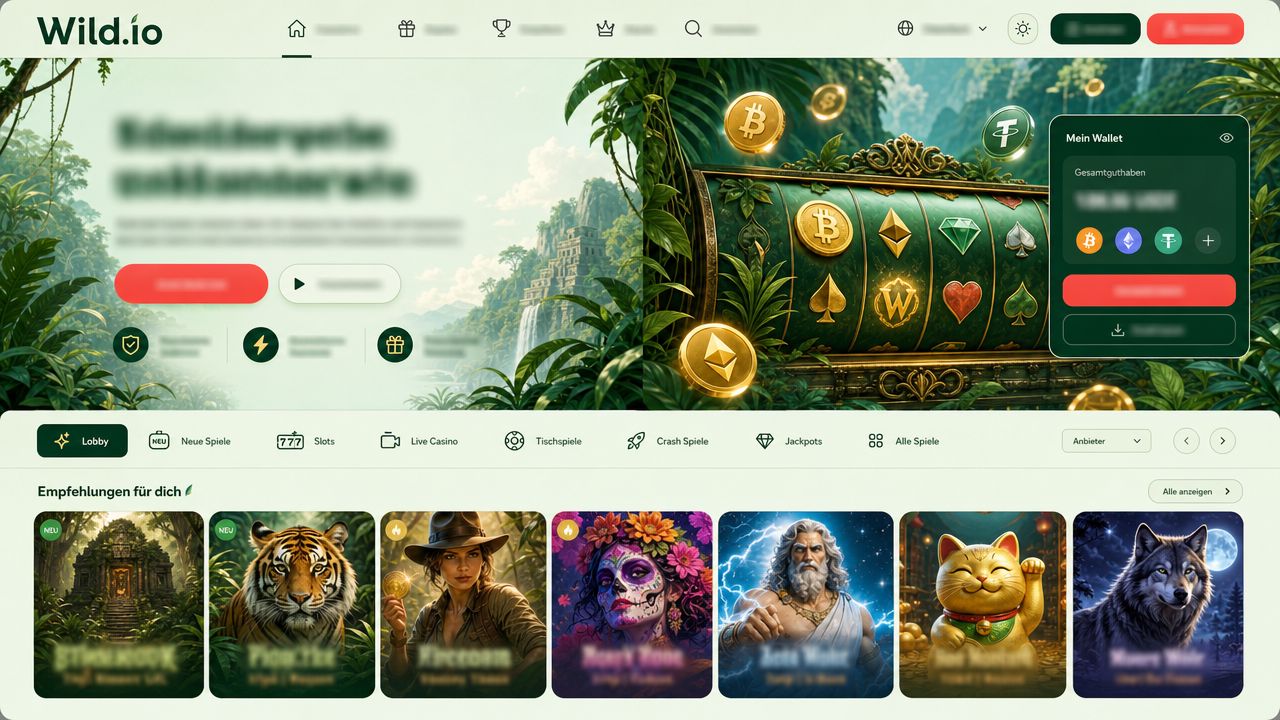 Startseite von Wild.io mit Spielkategorien, Wallet-Bereich und Spielekacheln