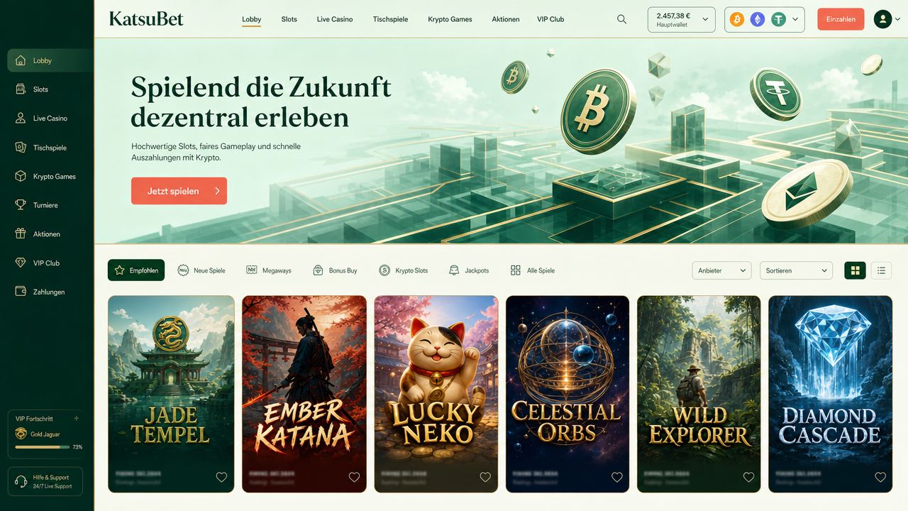 Screenshot der KatsuBet Krypto-Casino-Startseite mit Spielraster und Wallet-Bereich