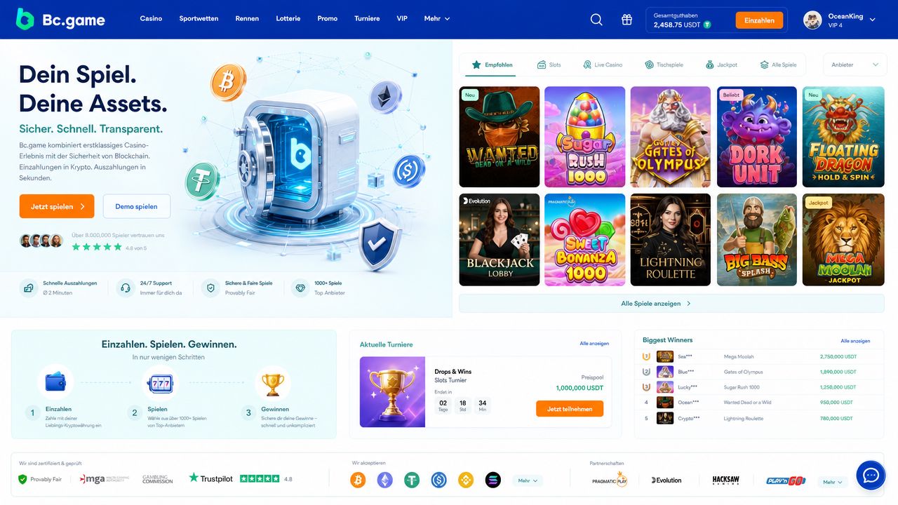Bc.game Plattformoberfläche mit Casino- und Sportwettenbereich