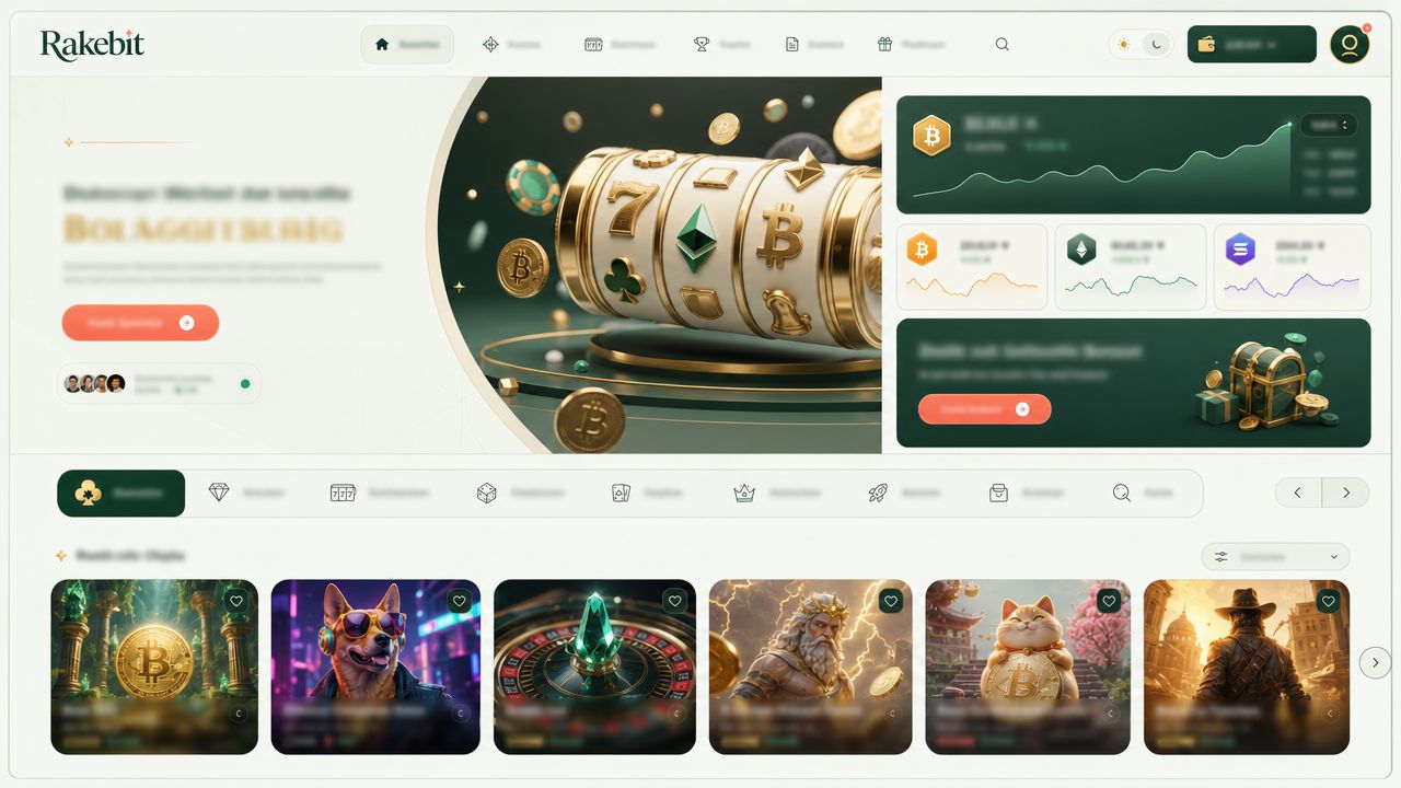 Screenshot der Rakebit Krypto-Casino Startseite mit Spielbereichen und Zahlungsoptionen