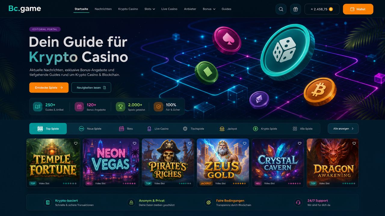 Screenshot der Startseite von Bc.game mit Krypto-Casino und Sportwetten-Bereich