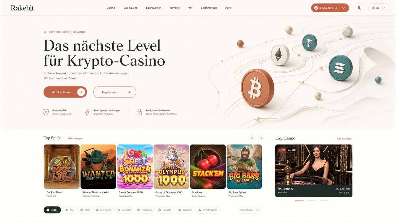 Rakebit Krypto-Casino Screenshot mit Startseite und Menüführung
