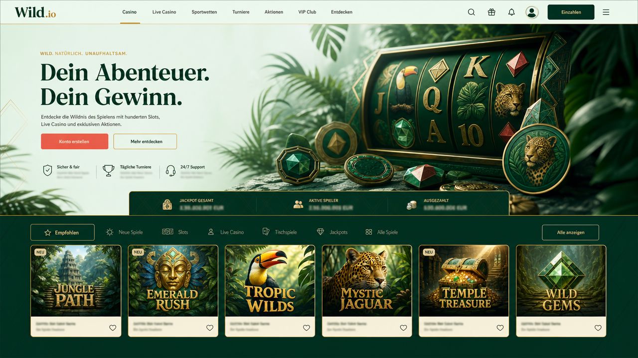 Wild.io Startseite mit Spielkategorien und Krypto-Zahlungsoptionen