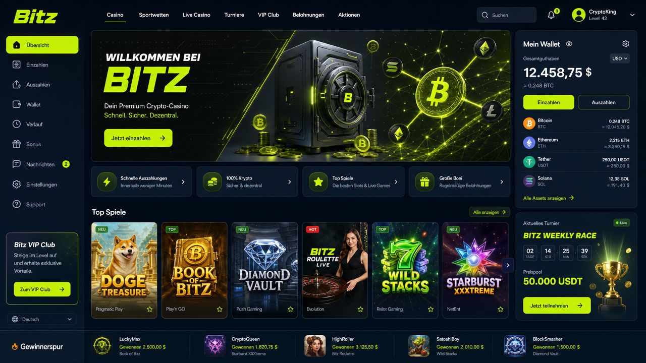 Screenshot der Bitz-Casino-Plattform mit grünem Design und Krypto-Dashboard