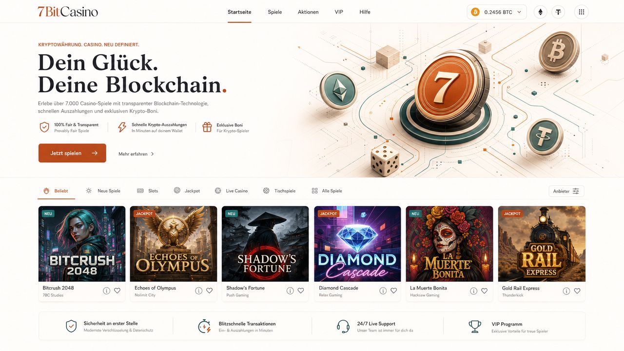Screenshot der 7BitCasino Startseite mit Wordmark, Navigation und Spielkatalog