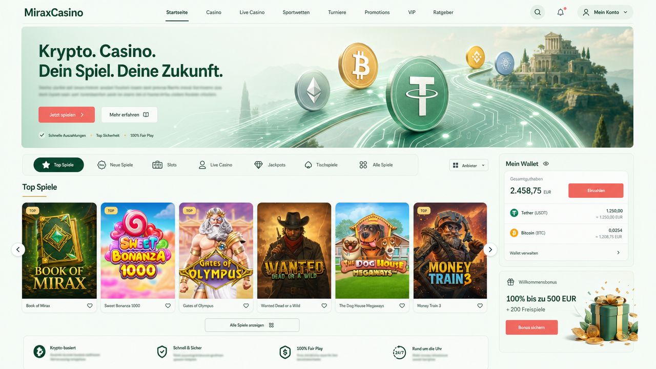 Vorschau der Portalseite von MiraxCasino mit Krypto- und Fiat-Zahlungsoptionen