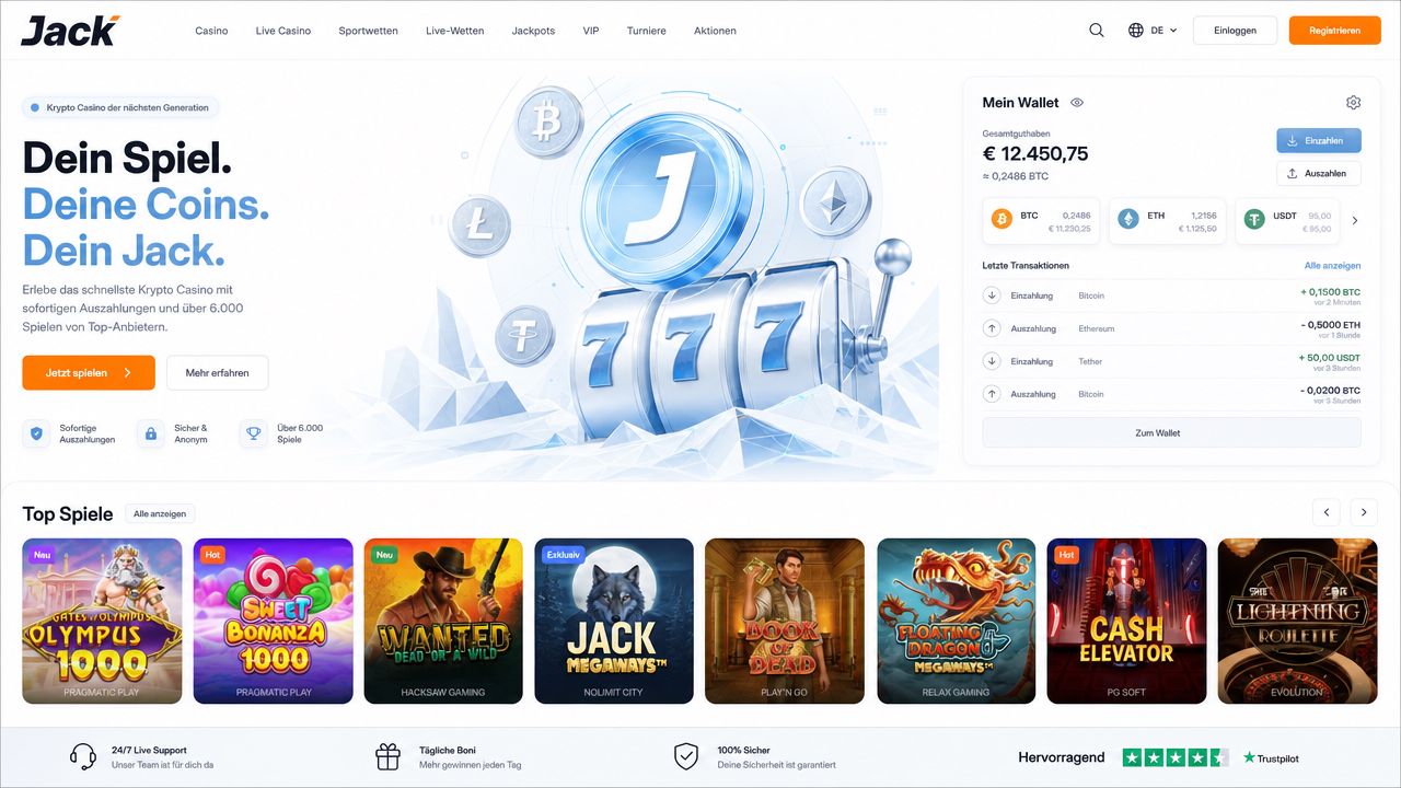 Desktop-Screenshot der Jack Casino Plattform mit Spielangebot und Willkommensbonus