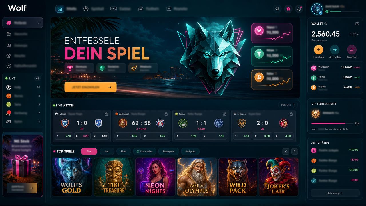 Wolf.io Krypto-Casino Screenshot der Startseite mit Sportsbook- und Spielbereich