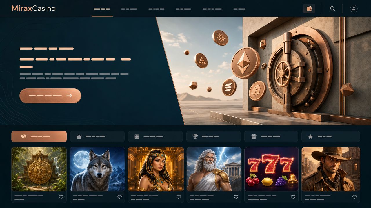 Startseite von MiraxCasino mit Spielekategorien und Krypto-Wallet-Bereich