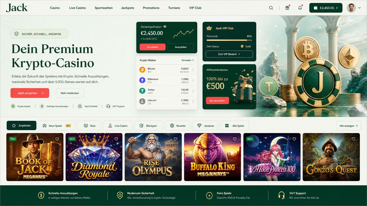Jack Krypto-Casino Startseite mit Freispiel-Angebot