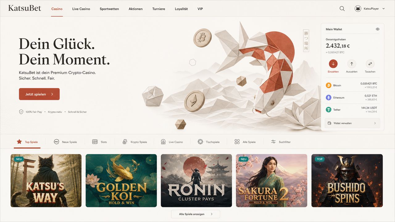 KatsuBet Krypto-Casino Startseite mit Bitcoin- und Karten-Zahlung