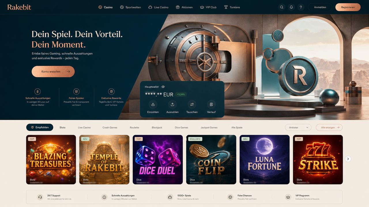 Startseite des Krypto-Casinos Rakebit mit Kategorien und Spielkacheln