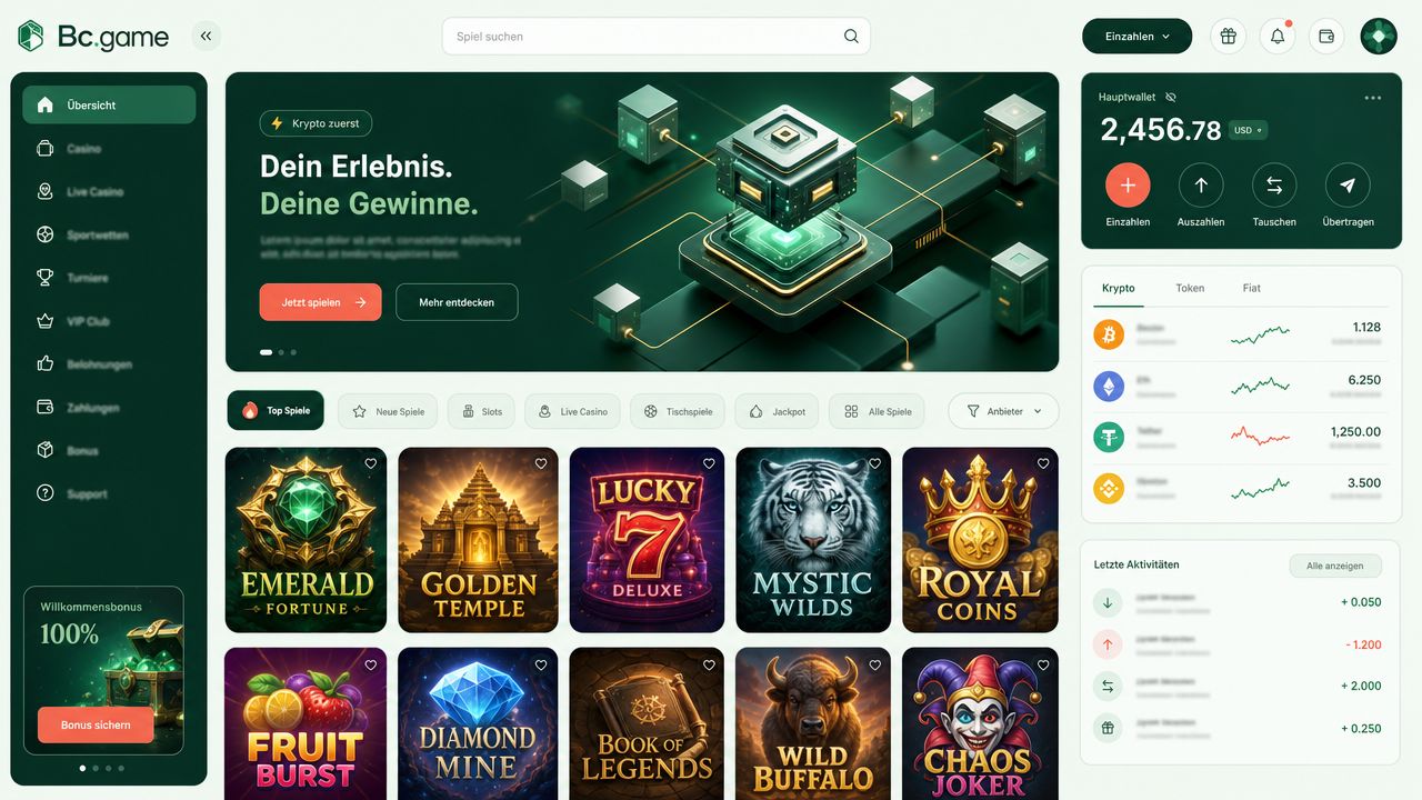 Bc.game Krypto-Casino Startseite mit Casino- und Sportwetten-Bereich