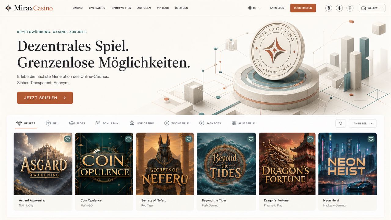 MiraxCasino Startseite mit Krypto-Zahlungsoptionen und Spielauswahl