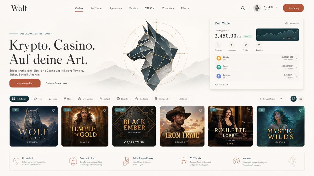 Wolf.io Krypto-Casino Startseite mit Willkommensbonus und Spielauswahl