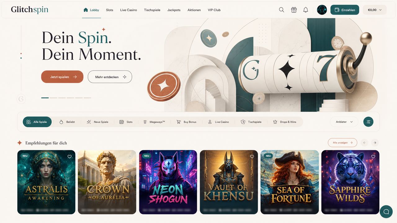 Glitchspin Krypto-Casino Startseite mit Slot-Auswahl und Zahlungsoptionen
