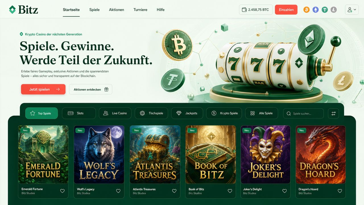 Screenshot der Bitz-Startseite mit Wortmarke, Navigation und Spielraster im smaragdgrünen Layout