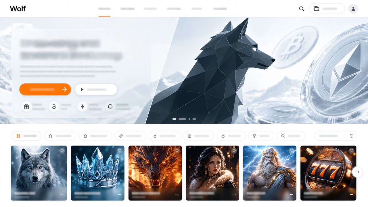 Startseite von Wolf.io mit Wolf-Silhouette, Spielkategorien und Slot-Kacheln
