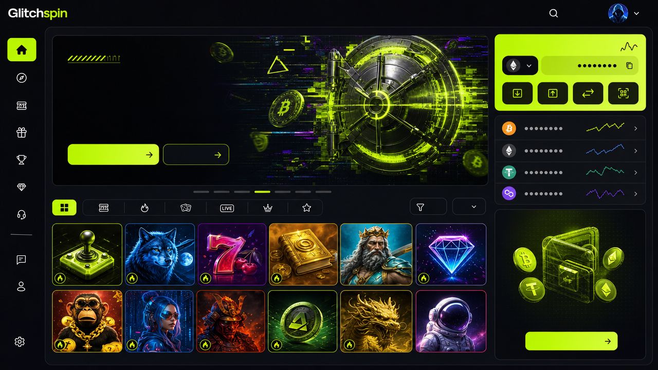 Glitchspin Casino Desktop-Ansicht mit Spielübersicht und Zahlungsbereich
