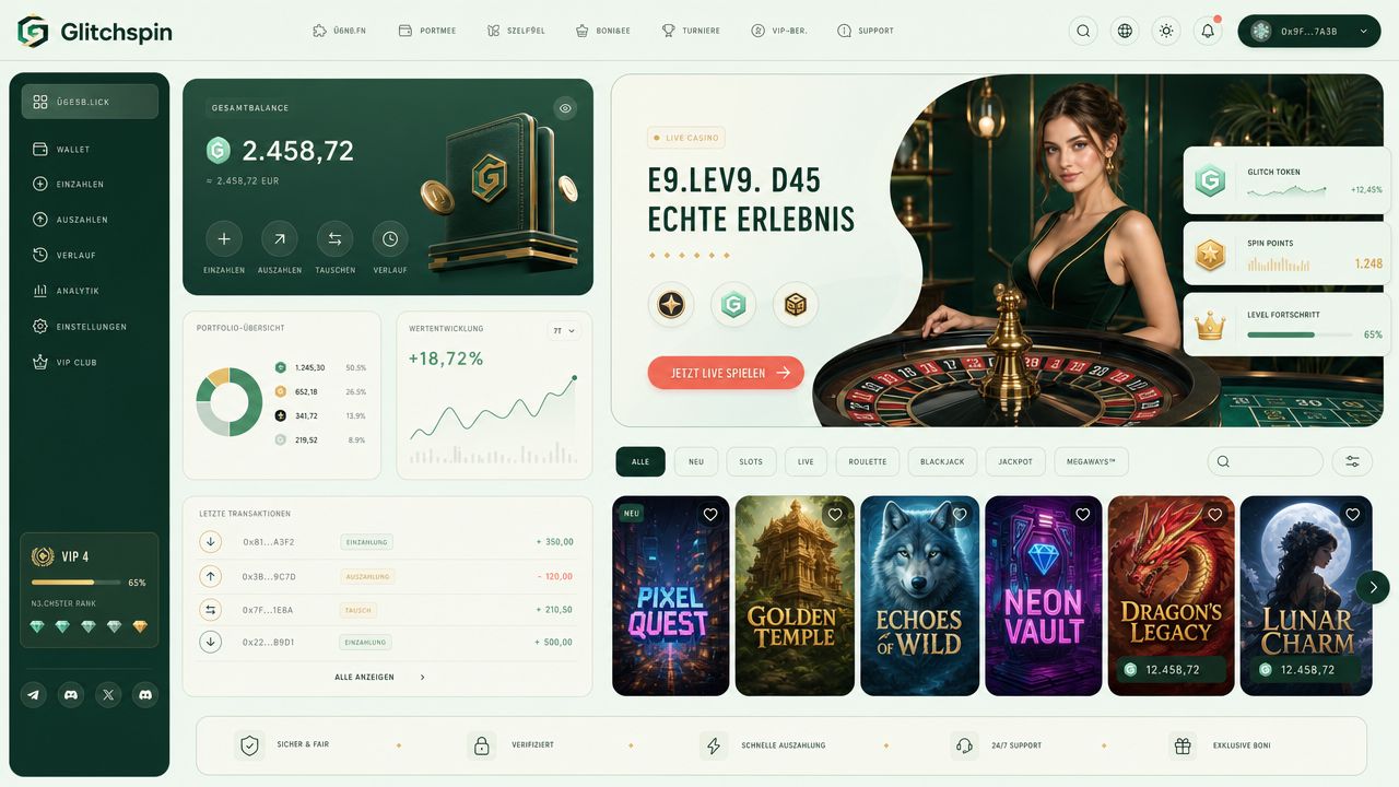 Glitchspin Krypto-Casino Startseite mit Zahlungsoptionen und Spielauswahl
