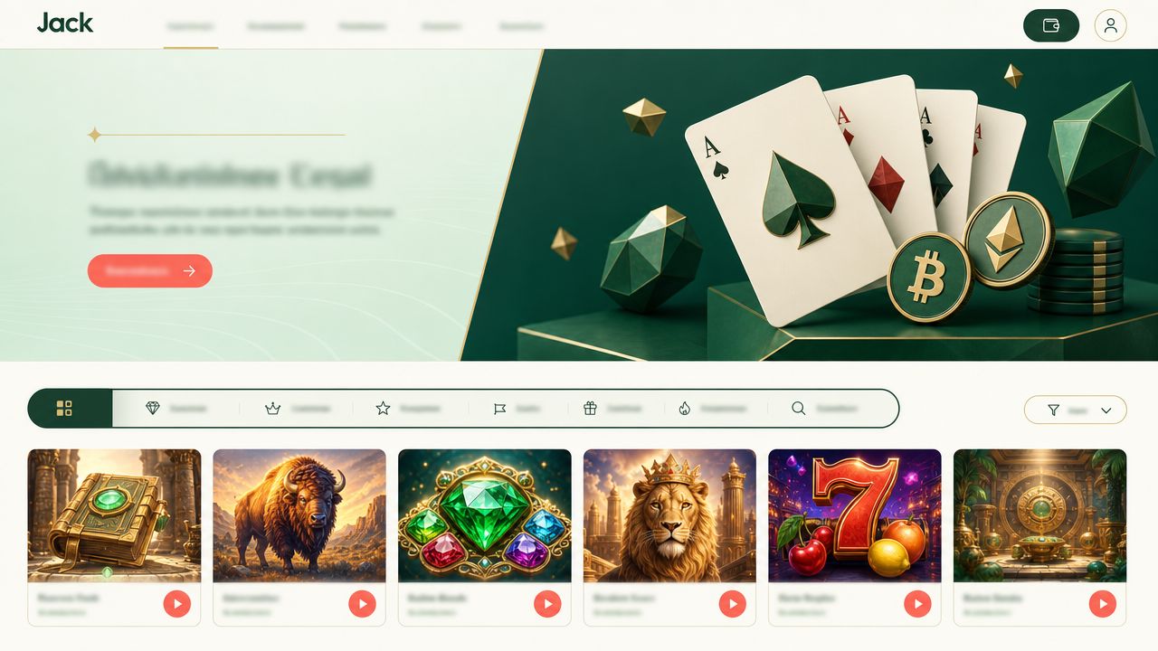 Redaktioneller Screenshot der Krypto-Casino-Marke Jack in ruhiger Emerald-Palette